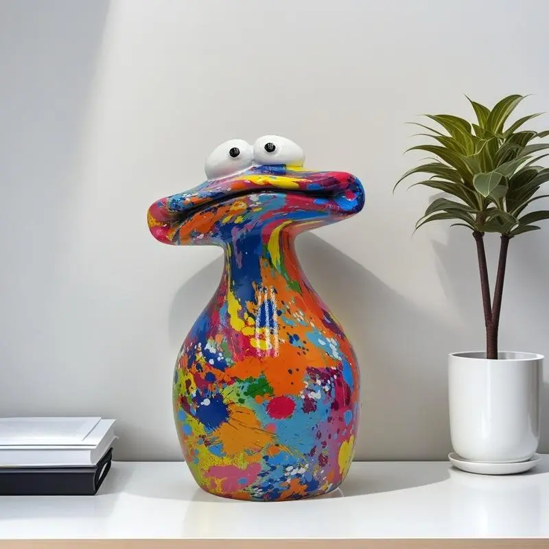 Colorful Splash Paint Frog Resin Ornament Creative Big Mouth Frog Art Statue Decorative Craft for Home Living Room Bookshelf Office Outdoor Garden Desktop Accent Decoration