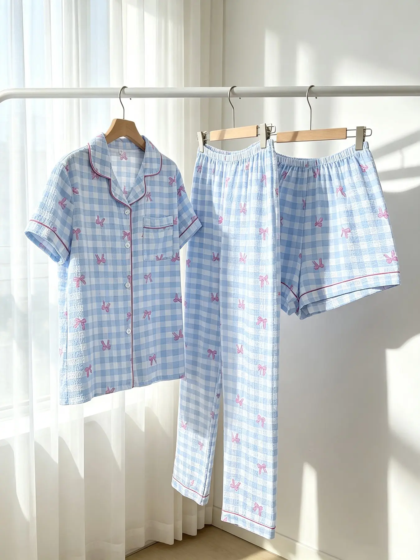 Women's 3-Piece Button-Down Pajama Set, Short Sleeve Top Shorts & Long Pants, Blue Gingham Pink Bow Print, All Season Wear, Loose Fit, Coquette Sweet Girly Casual Loungewear