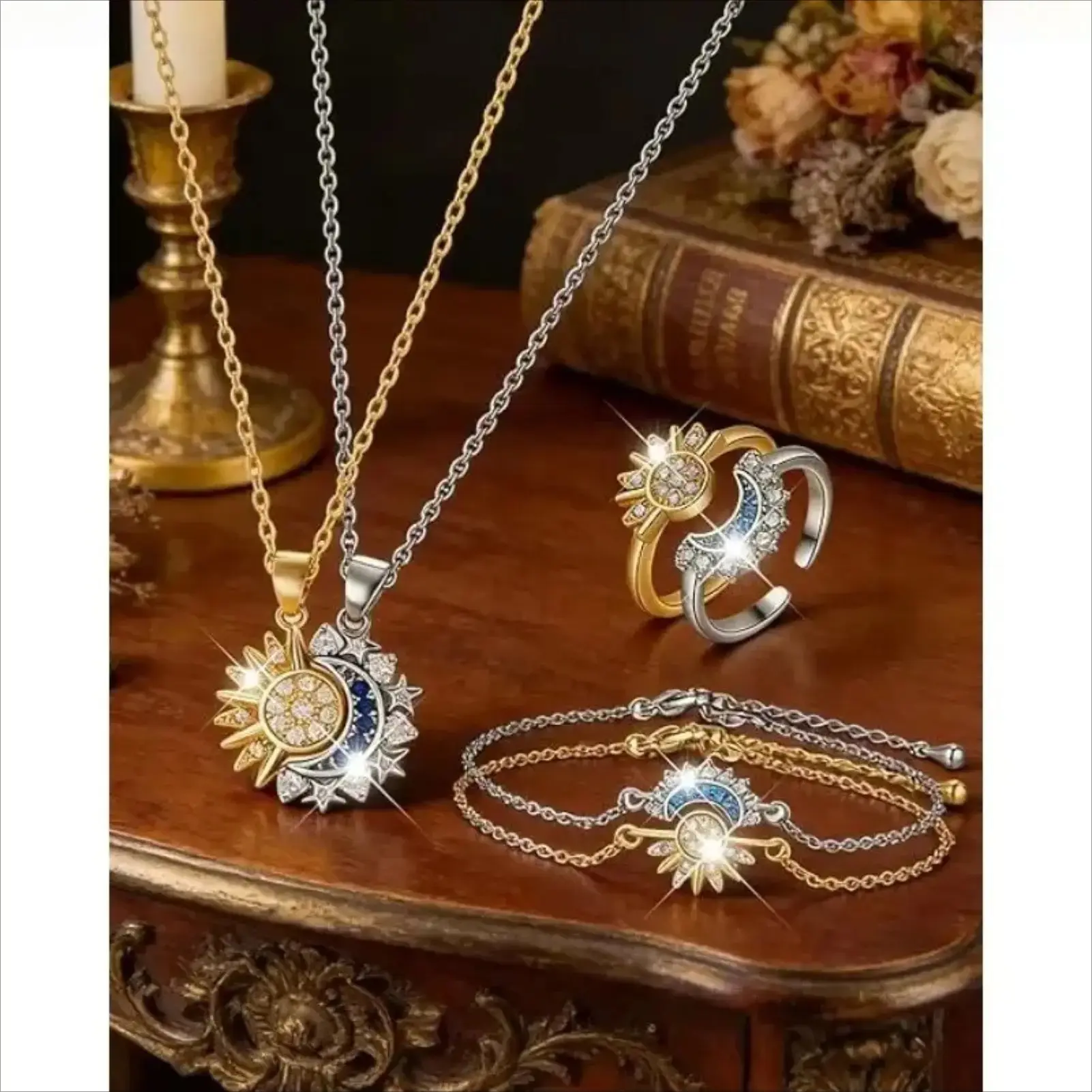 3PCS Sun & Moon Magnetic Matching Jewelry Set for Couples, Necklace, Bracelet & Adjustable Ring Set, Romantic Gift for Him & Her
