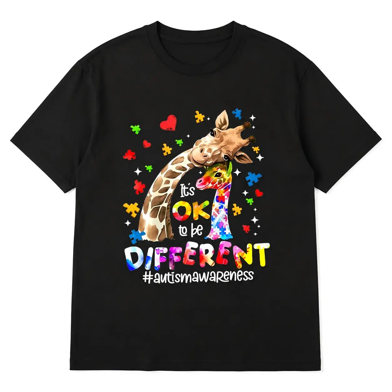 Women's Shortleeve Unisex Streetwear T-Shirt - Printed Giraffe, Puzzle Pieces, Hearts Design, Casual Cut, Relaxed Loose Fit, Skin-Friendly Autism Awareness Sports Top, T Shirts for Women, Everyday Wear, All Seasons, Cold Wash Compatible