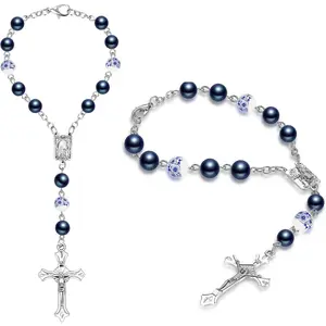 Konohan 2 Pieces Car Rosary Rearview Mirror Auto Rosary Religious Car Mirror Hanging Accessories for Automotive Personalized Protection Charm for Auto Decors(Ceramic,Blue)