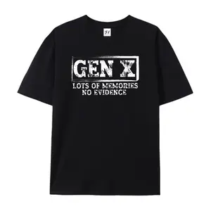 Retro Gen X Nostalgia Tee Featuring The Quote “Lots Of Memories No Evidence” In A Distressed Stamp-Style Design