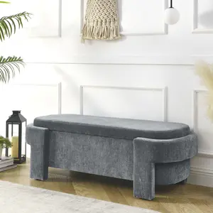 Grey Chenille Storage Ottoman Bench 51.5"L*20.5"W*17"H Solid Turned Wood Legs High Density Foam 250LBS Load Fully Assembled No Assembly For Entryway Bedroom Living Room