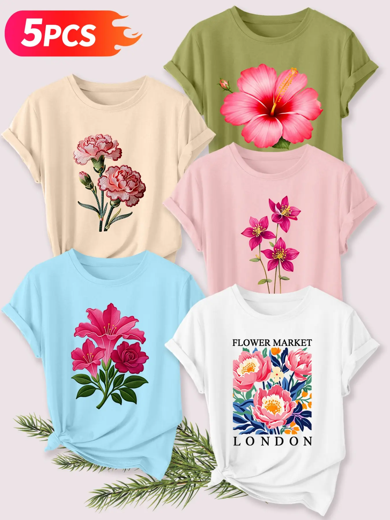 5Pcs Women Crew Neck T-Shirt, Casual Elegant Vintage Hibiscus Carnation Multiple Floral Prints, Multi-color Washable Spring Summer Top, Soft Skin-friendly Fabric Daily Versatile Fashion Design, Graphic Tees