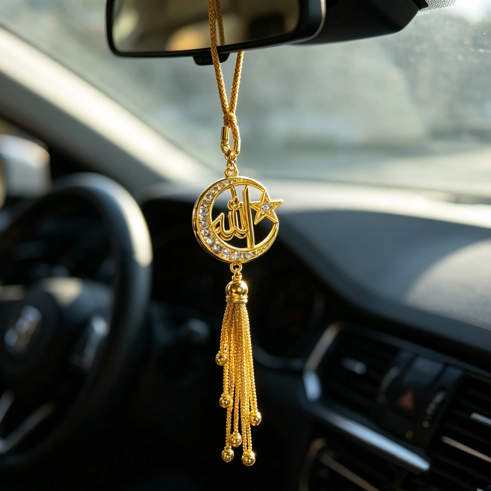 High-Quality Crescent Star Car Gift, Elegant Islamic Keychain, Allah's Name Art Design, Durable Craftsmanship, Rhinestone Decor, Ramadan New Arrival