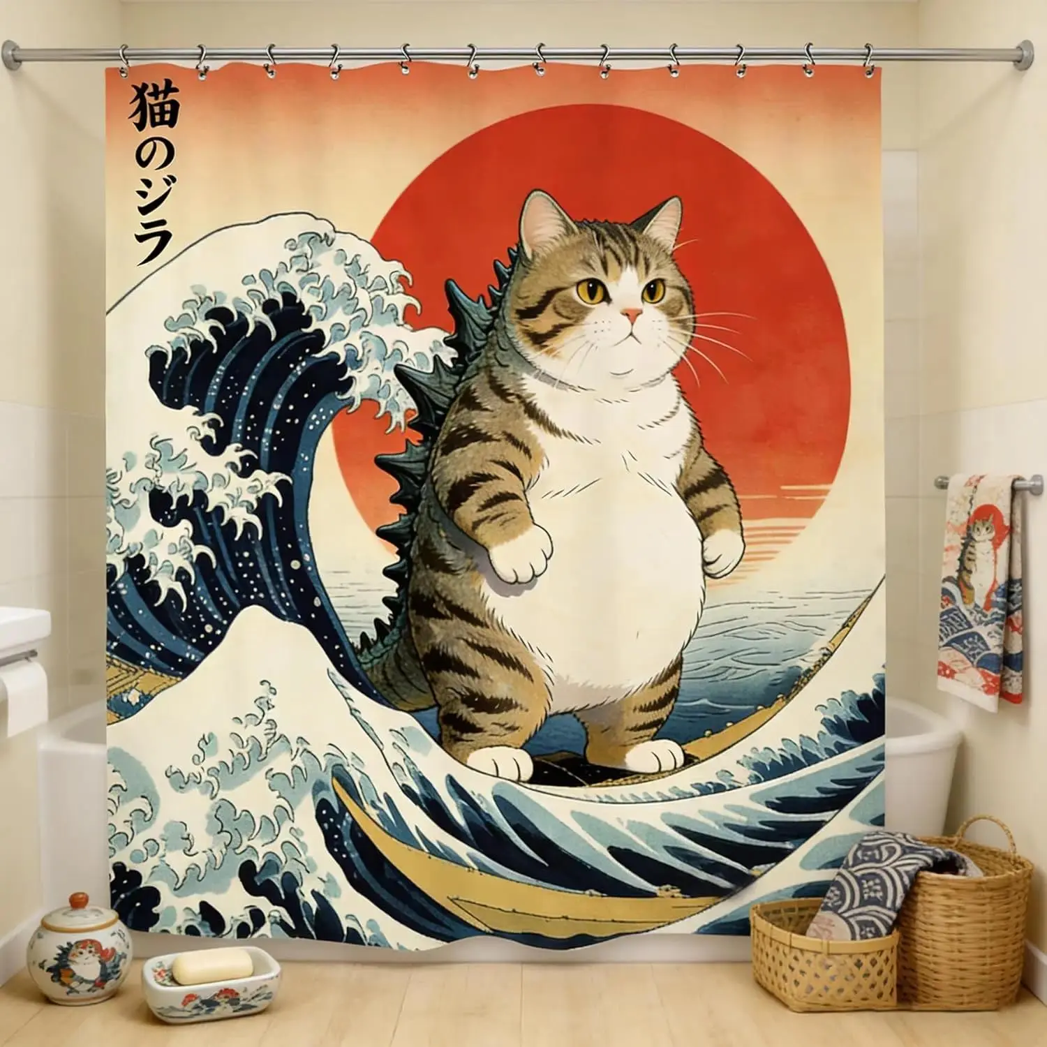 Funny Japanese Ocean Wave Cat and Anime Animals Sunset Art Pattern Shower Curtain with Hooks Bathroom Decor