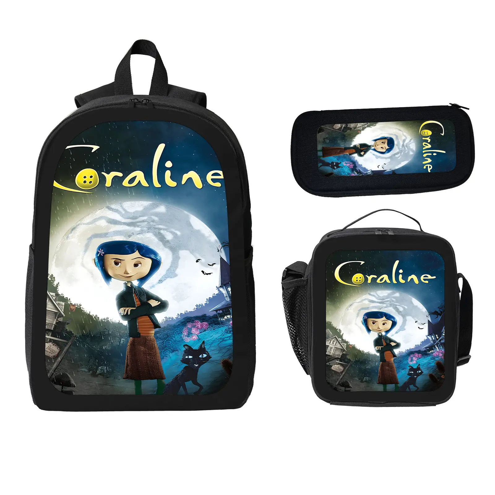 Coraline 3 Pcs School Backpack Set for Boys Girls Kids, Large Capacity Bookbag with Insulated Lunch Bag Pencil Case, Water Resistant Travel Daypack for Elementary Middle School d-28