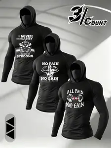 3-Pack Men's Motivational Workout Balaclava Hooded Long Sleeve Tees, Never Easy, Bodybuilding Street Casual Tops