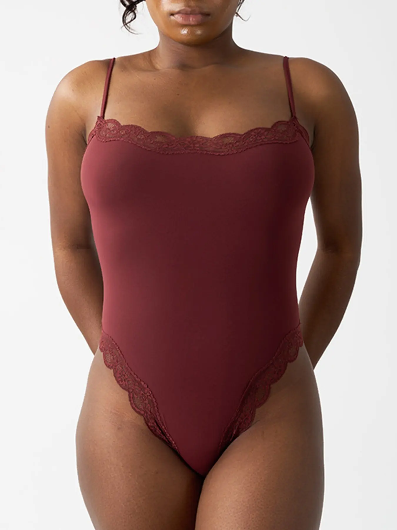 Women's Sexy Solid Color Spaghetti Strap Lace Trim Shaping Shapewear Bodysuit