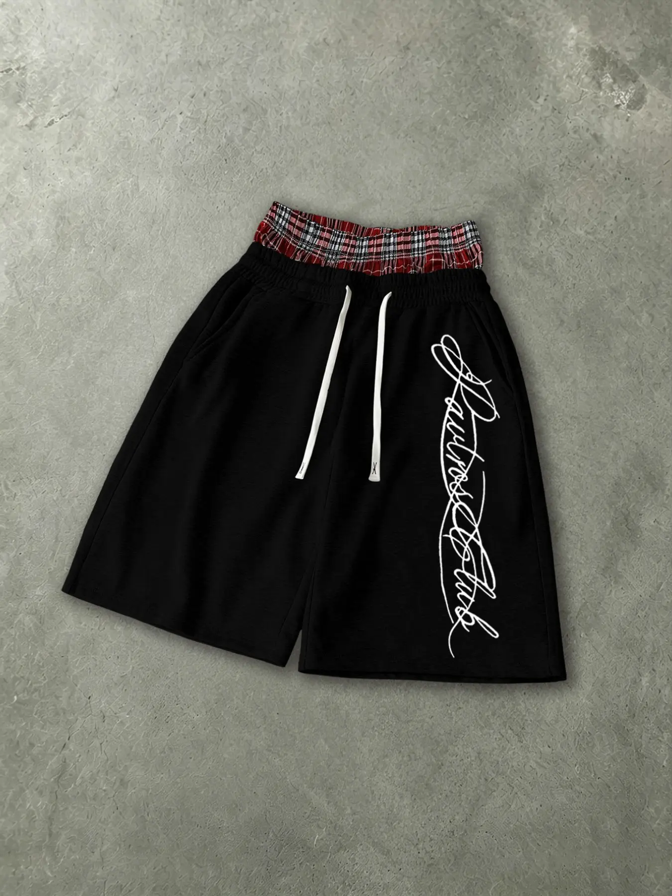 Men's Oversized Baggy Knee Length Sweat Shorts Soft Breathable Terry Fabric Dual Layer Tartan Plaid Patchwork Waistband Elastic White Drawstring Casual Streetwear Shorts Cursive Script Signature Graphic White Letter Print Side Pocket Loose Summer Athletic