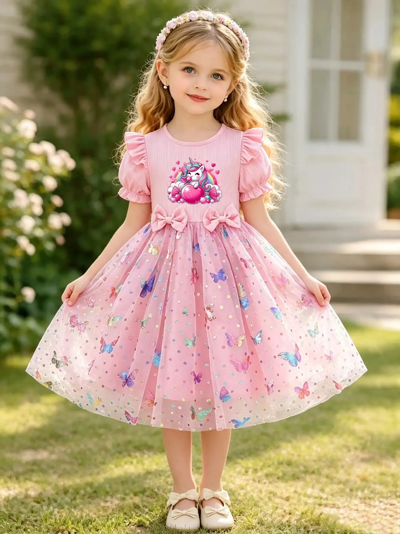 Girls Unicorn Princess Dress, Bubble Short Sleeve Sequin Butterfly Mesh Puff Dress, Summer Cute Dress for Kids, Casual Slim-Fitting Style