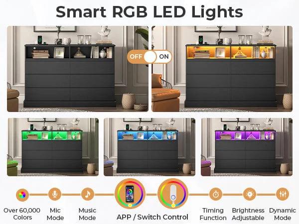LED Dresser with  Charging Station Black Modern Chest Drawers Wood Cabinet Chest