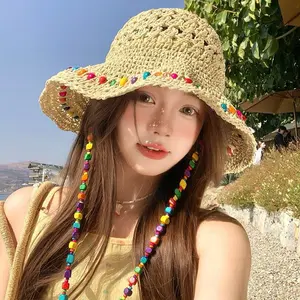 2026 Women's Hand-Woven Colorful Beaded Straw Hat, Foldable Wide Brim UV Protection Sun Hat, Breathable Rustic Pastoral Cap for Beach Outdoor Travel Daily Wear, Accessories For Women, Hats For Women