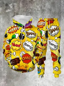 Men's Sporty Cartoon Theme Hoodie and Pants Set, Casual Sports Set, Polyester, All over Print, Casual Urban Style, Fall & Winter Series, Ankle Length, Fitted