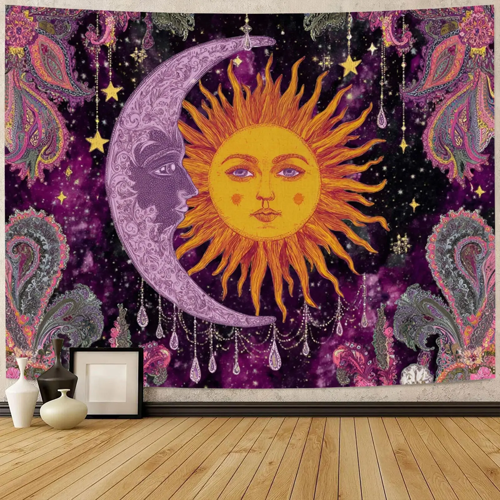 Celestial Sun Moon Tapestry Wall Hanging, Vintage Boho Dreamy Cosmic Design with Dual Star Vibes, Aesthetic Spiritual Room Decor for Bedroom, Dorm, Meditation Space, Witchy Home Altar, Twin Flame Housewarming Gift for Her