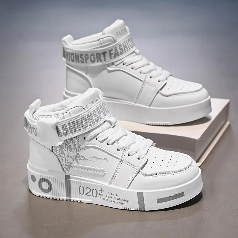 () Men's High-top Fashion Sneakers - Casual Lace-up Sneakers, Solid PU Upper, Breathable PU Lining, Wear-resistant Rubber Outsole, Comfortable Fabric Insole
