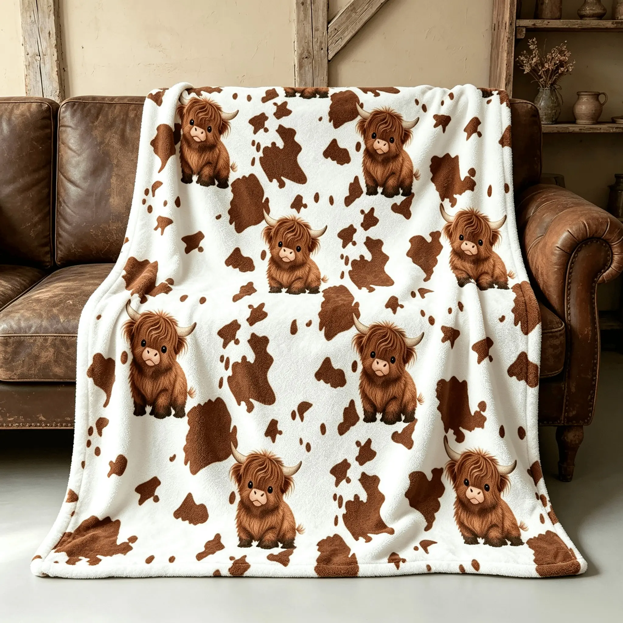 Cute Brown Highland Cow Print Flannel Blend Throw Blanket - Single-Sided Patterned, Anti-Pilling, Soft Nap, Cozy, Animal Motif - Suitable for Bedrooms, Camping, Teenagers & Adults, Gifts/Decor