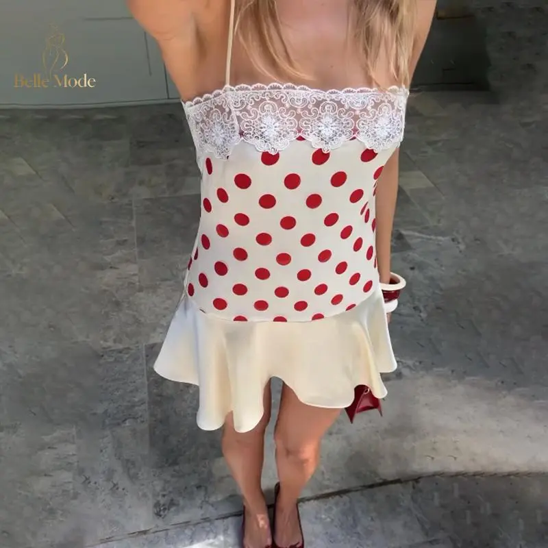 Women's Dots Print Mini Dress Sleeveless Spaghetti Strap Flare Dress Summer Casual Dress