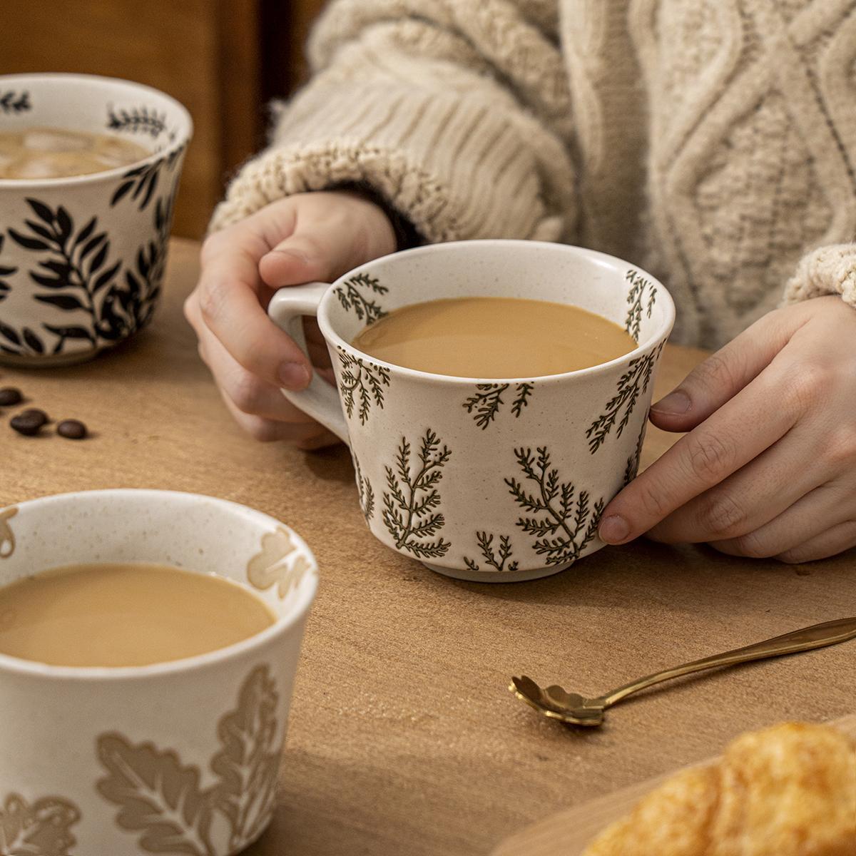 Leaf Pattern Ceramic Coffee Cup, 4 Counts/set Coffee Making Tool, Coffee Making Tool for Home Kitchen, Kitchen Accessories, Tea, Stylish Drinkware