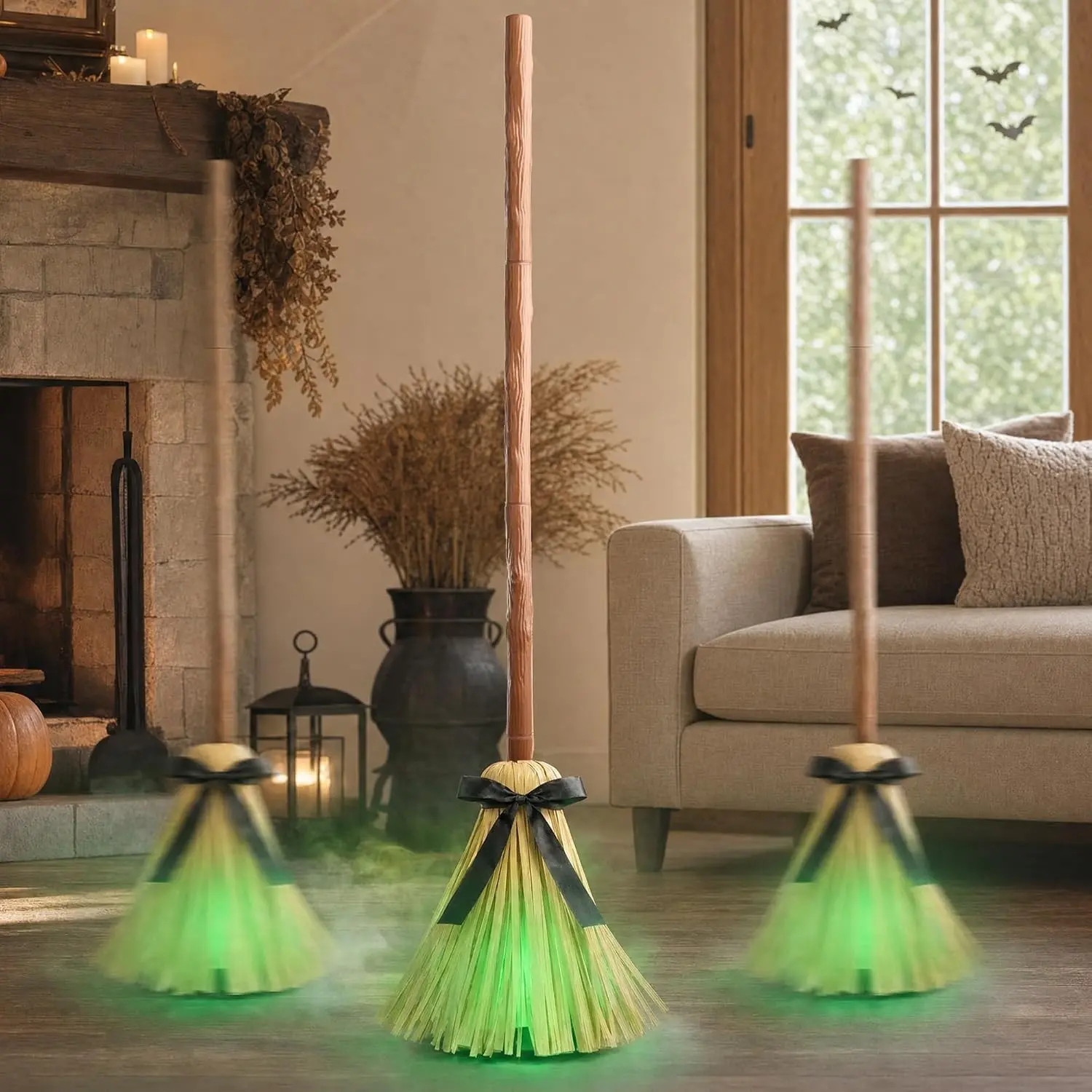 49" Plastic-Wood Animated Floating Lighted Witch Broom - Indoor Halloween Decor with Spooky Sound/Mute Mode, Dancing Magic Broom for Home Party Decor