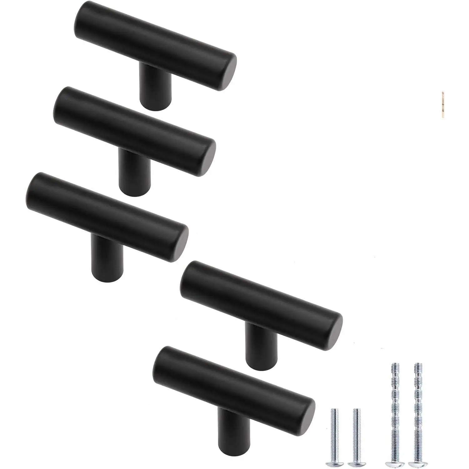 5 Pack 2" Matte Black Round Bar Knobs, Stainless Cabinet Pull | Stainless Steel Matte Finish, Single Hole, Two Types Mounting Screws, For Kitchen Drawer Wardrobe