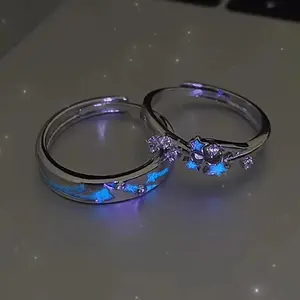 2Pc Luminous Star Adjustable Finger Ring Vintage Luxury Love Couples Rings Glow In Dark Y2K Jewelry Valentine's Day Gift
