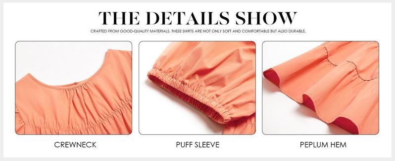 PASLTER Womens Puff Sleeve Peplum Babydoll Tops Summer Smoked Pleated Cotton T-Shirts Casual Loose Fit Flowy Blouse