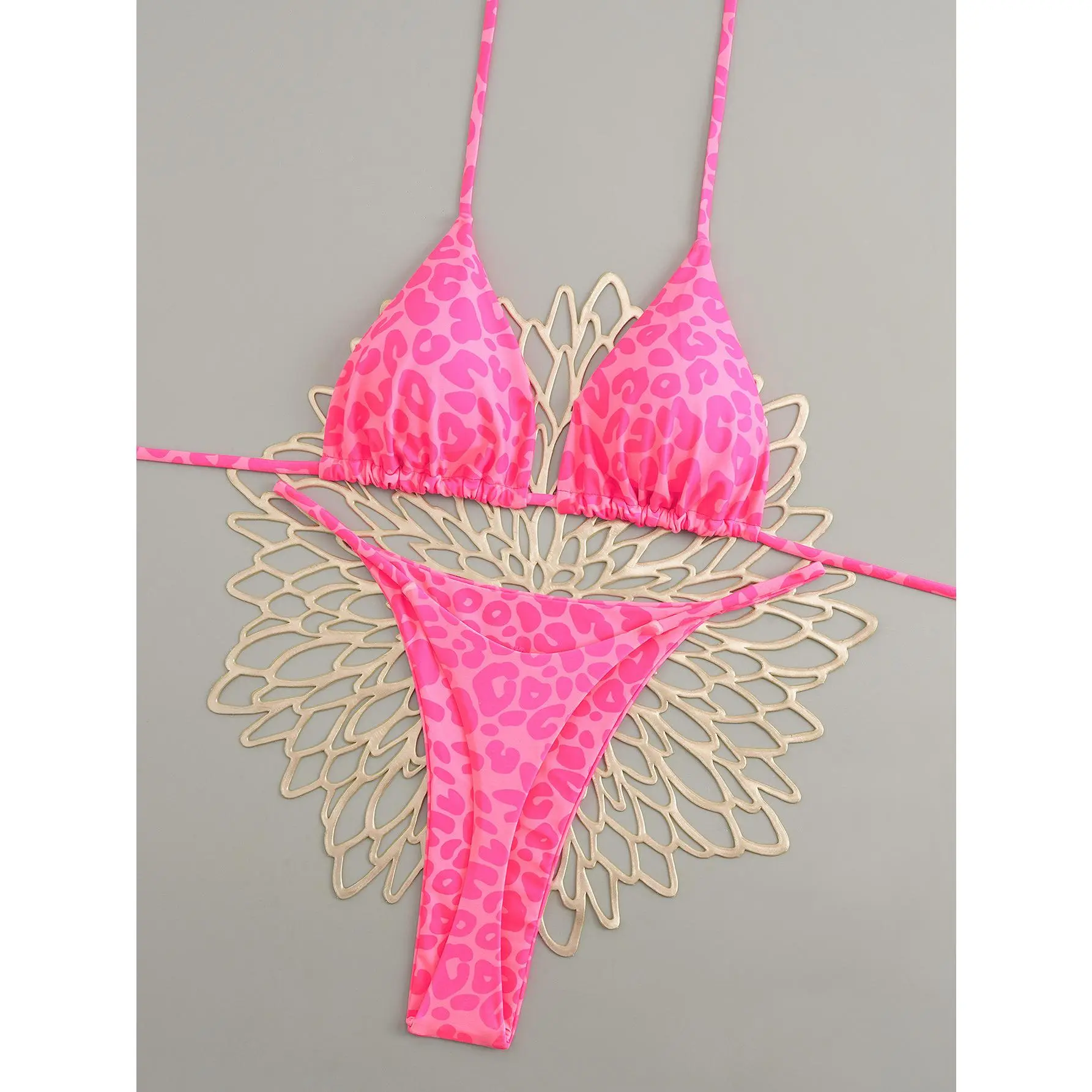 Cute pink leopard flower triangle halter neck top  bikini adjustable strap sexy casual animal print seductive swimwear flatter thong high cut photoshoots beach new two-piece set party fashionable comfortable swimsuit brazilian holiday style summer
