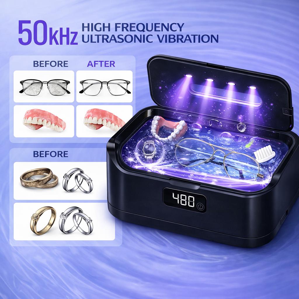 Ultrasonic Jewelry Cleaner with UV Sterilizer, Portable 360° Deep Cleaning Sonic Washer Machine, Plug-In Adapter Powered for Rings, Necklaces, Earrings, Watches, Eyeglasses, Retainers & Dentures
