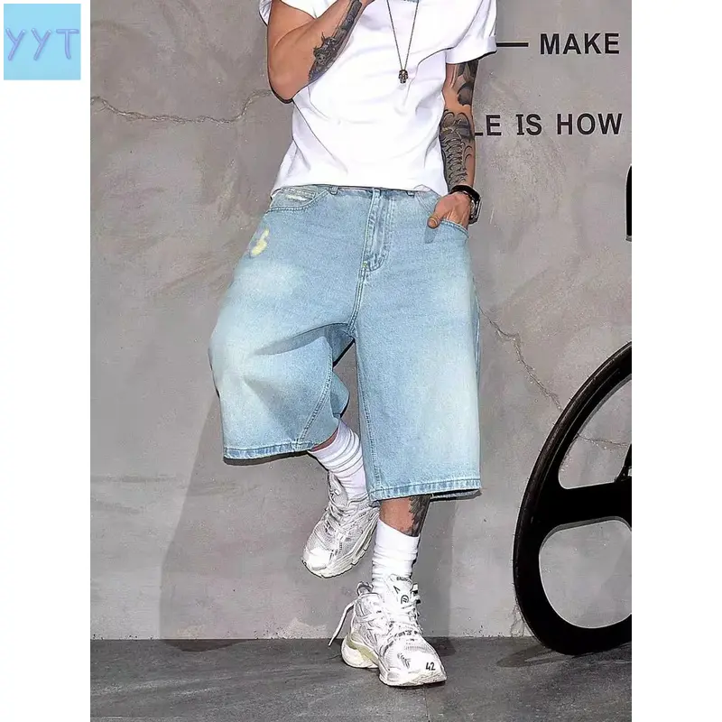 YYT1  Vintage Y2K Distressed Baggy Jorts Men, Quality Versatile Loose Wide Leg Low Rise Hem Cotton Bermuda Shorts with Pockets Casual Streetwear