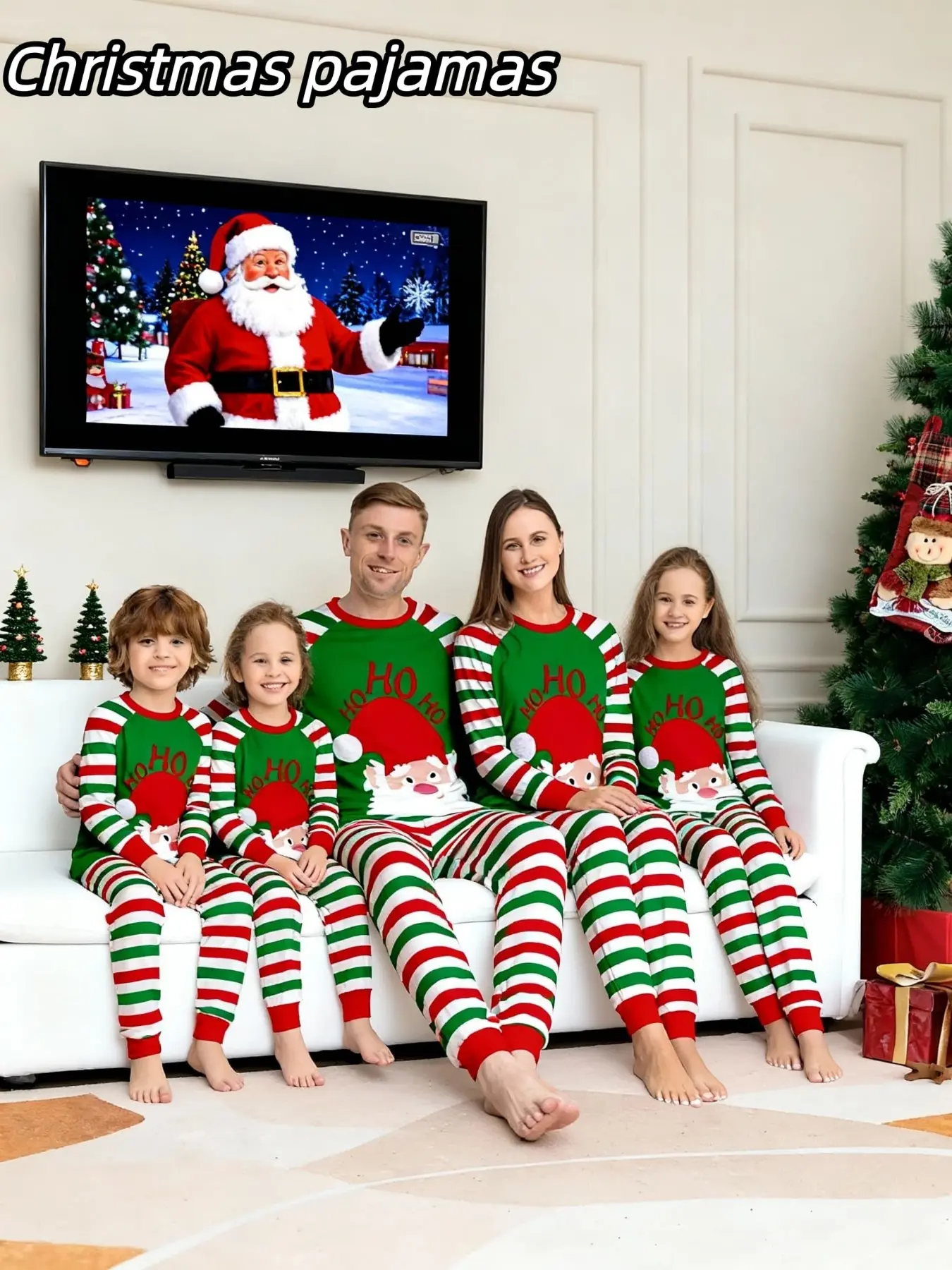2-Piece Christmas Pajama Set, Striped Santa Claus Design, Couples' Sleepwear for Men and Women, Kids' Holiday