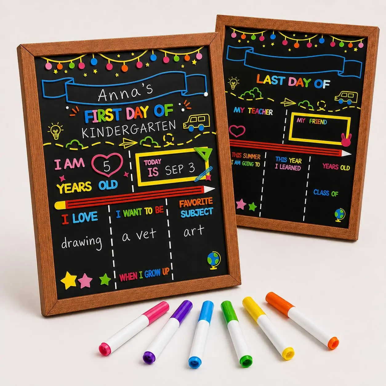 First and Last Day of School Sign Board with Pine  Frame & 6 Erasable Color Markers - 10x12 Inch Double Sided  to School Chalkboard Photo Prop,  Dry Erase Milestone