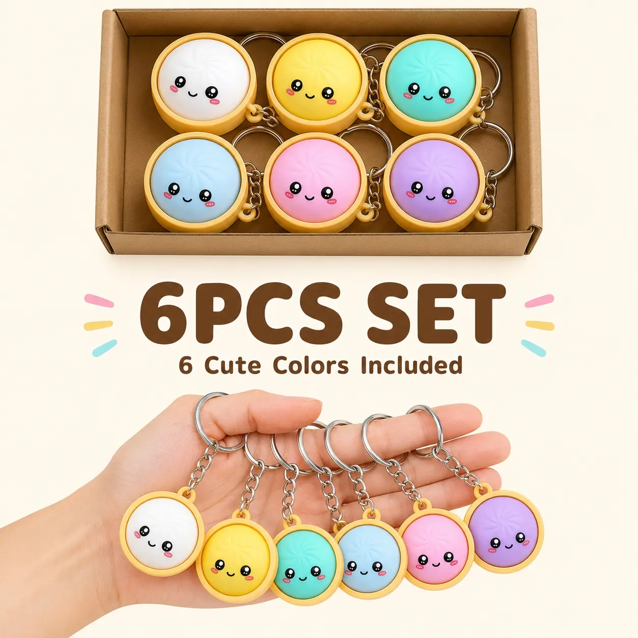 6PCS Colorful Dumpling Keychains, Mini Cute Kawaii Food Charm Set with Metal Rings, Bun Pendant Bag Charms for Keys, Backpacks, Purses, Party Favors and Gifts for Adults