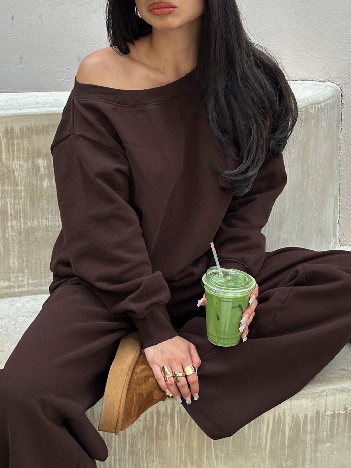 Women‘s Off the Shoulder Long Sleeve Jumper & Pants, 2 Piece Set Casual Fall Sweatsuit Outfits, Jumper Suit, Womenswear