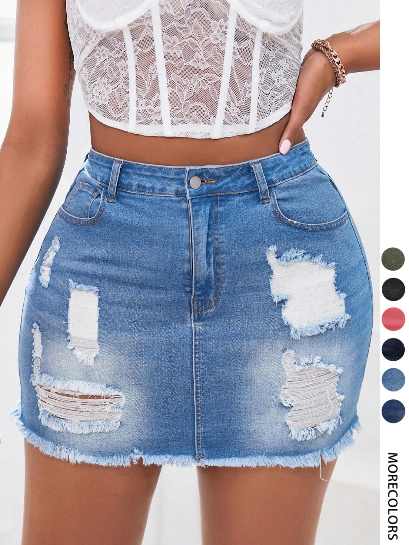 Women's Distressed Fit Denim Skirt, Fashion Casual Ripped Short Skirt with Button for Daily Outdoor Wear, Micro Skirt, Ladies Bottoms for Summer