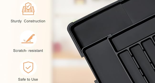 Plastic Kitchen Organizer and Storage-Silverware Organizer Expandable Kitchen Utensil Drawer Organizer Large BPA Free Adjustable Cutlery Silverware Tray for Spoons Forks Knives Storage Divider for Kitchen Flatware 6-9 Slots Black