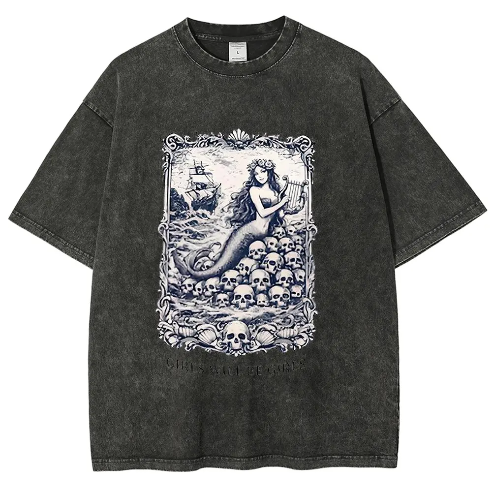 Vintage Acid Wash Oversized Cotton T-Shirt for Women, Gothic Framed Skull Mermaid Graphic Tee, Dark Nautical Siren Casual Short Sleeve Crewneck Top