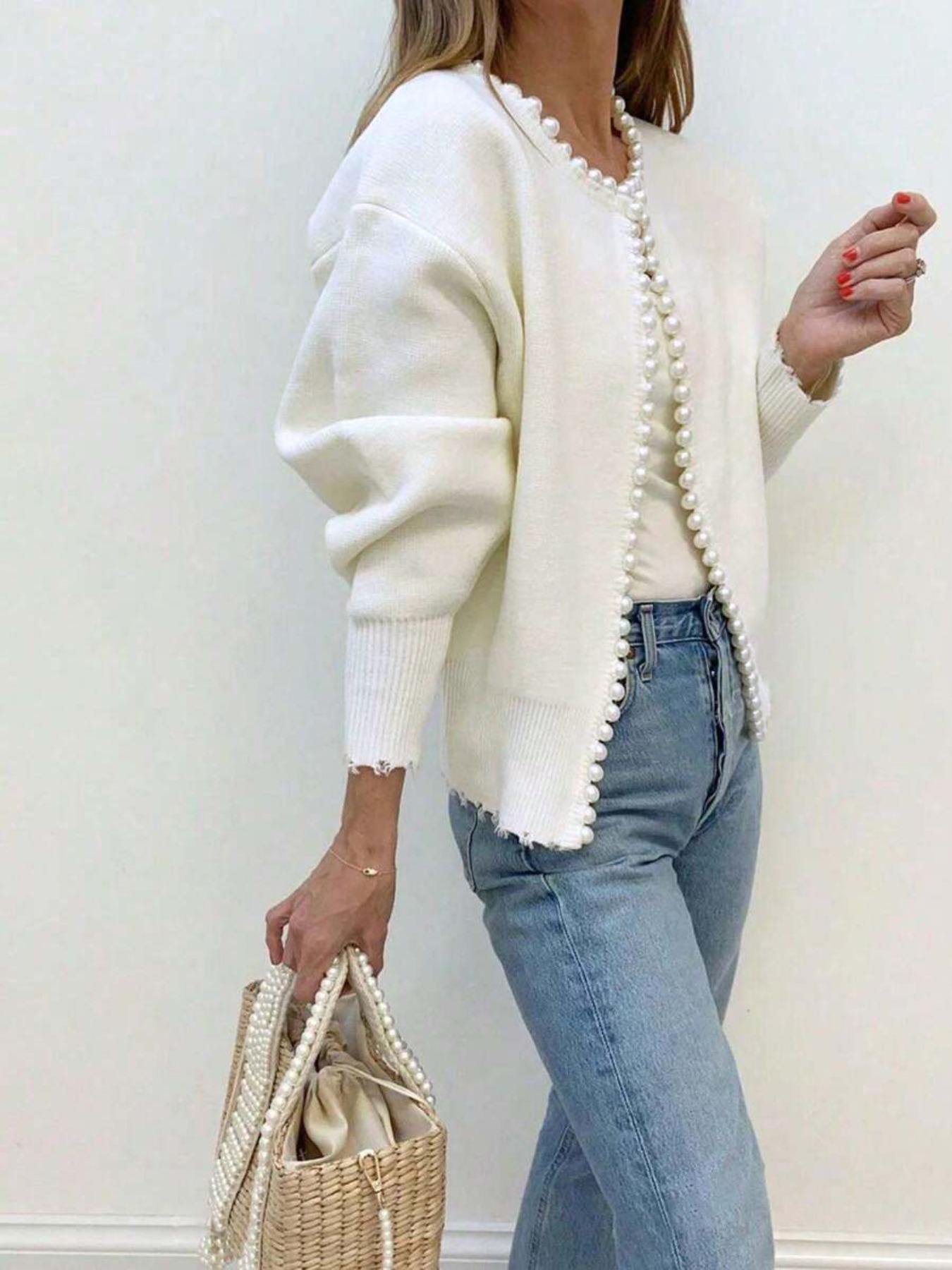 Women's Solid Faux Pearl Decor Drop Shoulder Knitting Cardigan, Casual Long Sleeve Open Front Knitwear for Fall & Winter, Fashion Women's Knit Clothing for Daily Wear