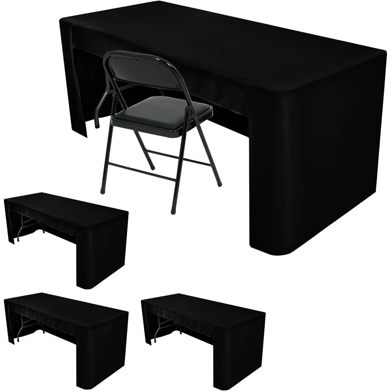 HolidayIdeas 4-Pack Open Back Table Cloths for 6 Foot Tables, Water Repellent Fitted Black Table Covers, 3-Sided Oxford Polyester Tablecloth for Vendor Booth, Craft Fairs, Registration Desk