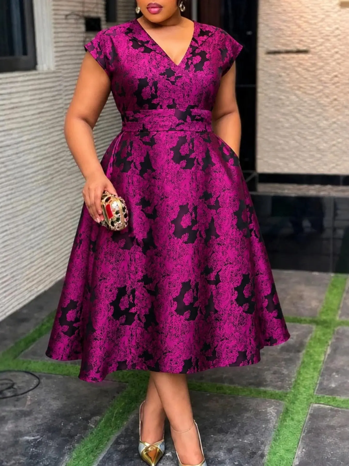 AOMEI Plus Size Women Elegant Jacquard A Line Midi Dress V Neck Short Sleeve Tie Waist Bow Belt Side Pockets Wedding Guest Church Vintage Spring Summer Outfits Summer Wedding Guest Dresses