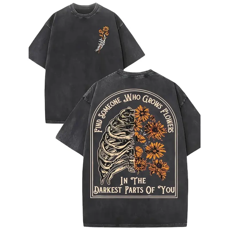 Streetwear Sunflower Graphic T-Shirt for Men, Heavyweight 220g Washed Cotton Casual Round Neck Tops, Streetwear Clothing