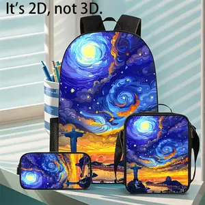 3pcs Starry Night Sky Backpack Set Casual Travel Backpack Lunch Bag Pencil Case Cosmic Swirls Sunset Rio Vibes Trendy Lightweight School Work Bag for Students Adults USA