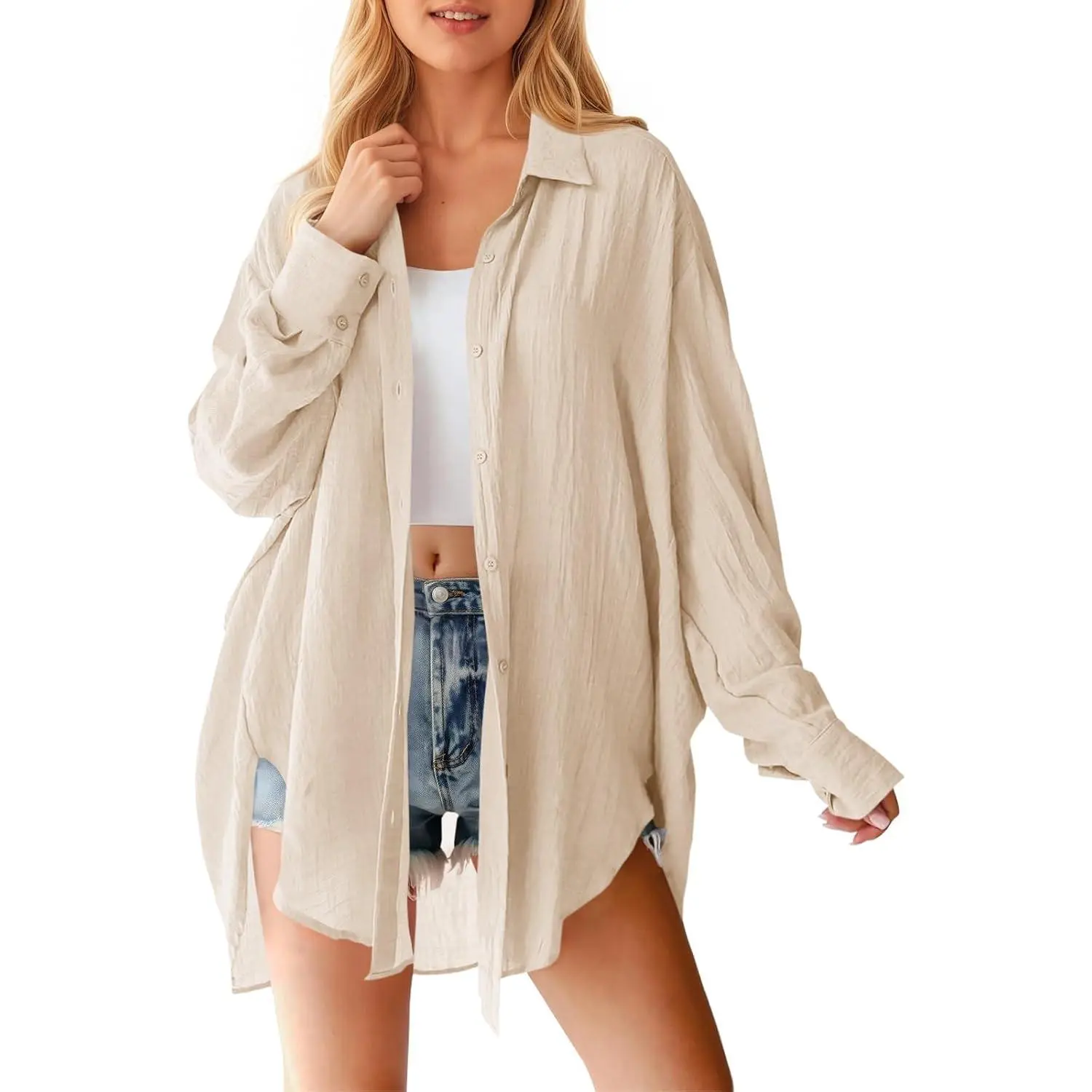 Tankaneo Womens Oversized Button Down Shirts Long Sleeve Irregular Hem Blouse Tops
