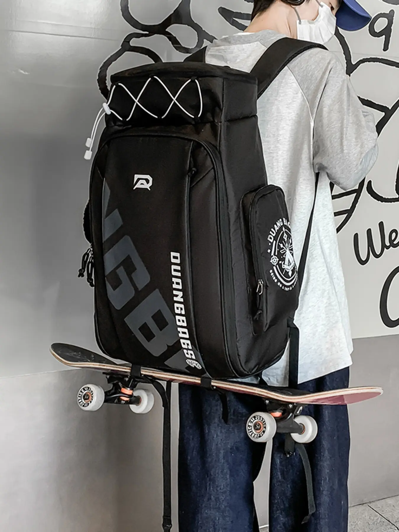 Large Capacity Skateboard Backpack, Outdoor Hiking Drawstring Sports Bag, Waterproof Durable Multi-Compartment Travel Ski Bag, Skateboarding
