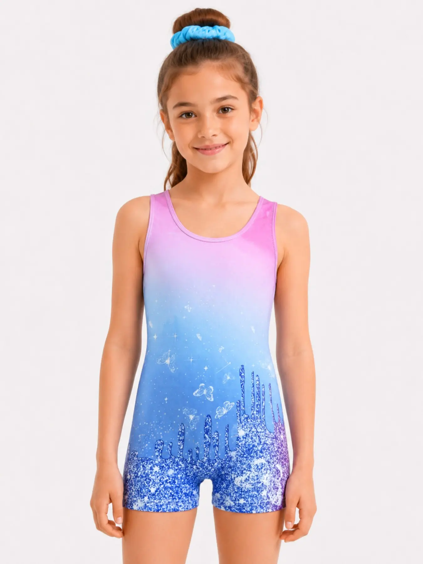 Girls' Gymnastics Onesie, Shiny Gradient Sleeveless Kids' Workout Suit, Perfect for Dance, Acrobatics, Swimming Training