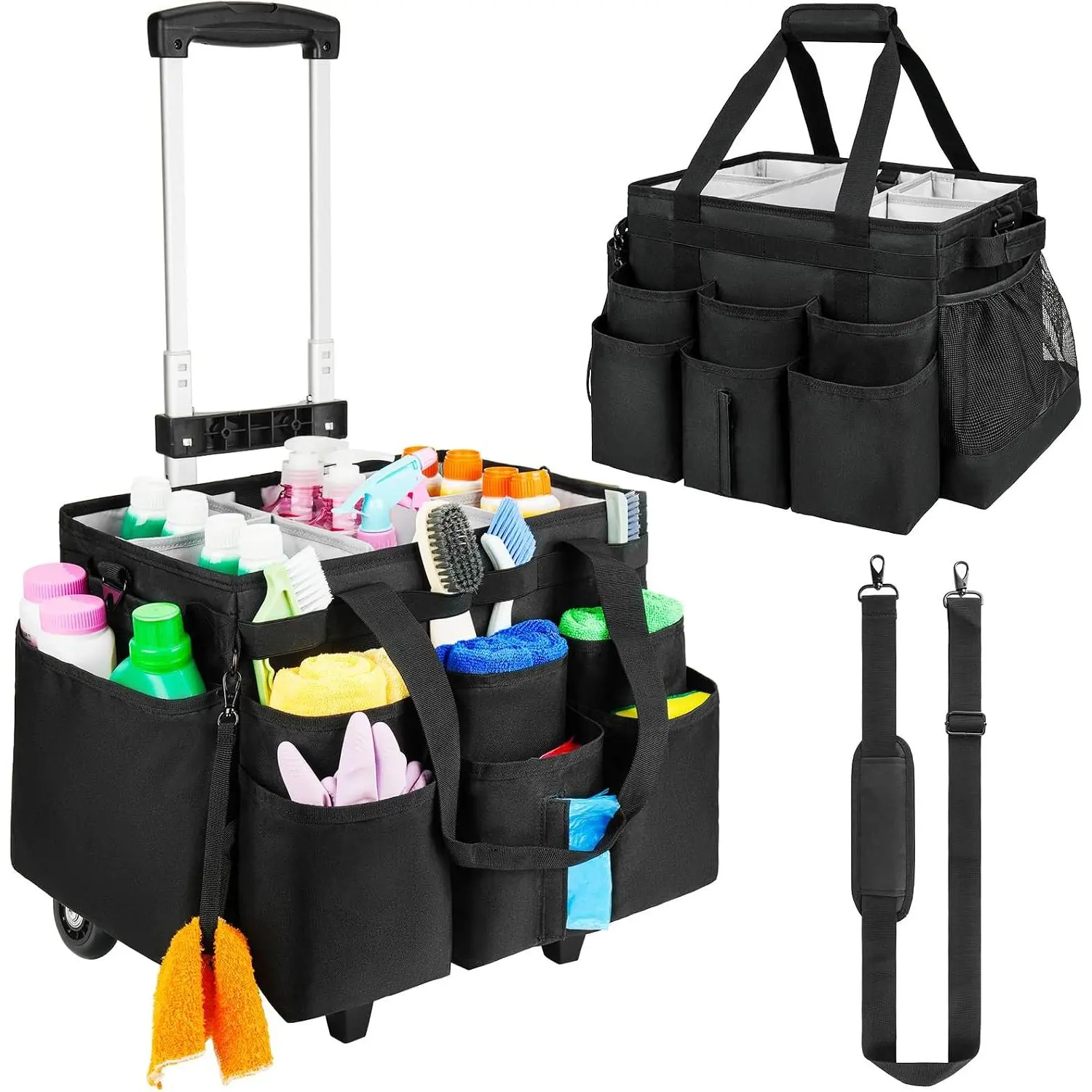 Large Rolling Cleaning  Bag with Detachable Trolley,Cleaning Cart  Wheels with  Strap,Cleaning Supplies Organizer for Housekeepers,Black