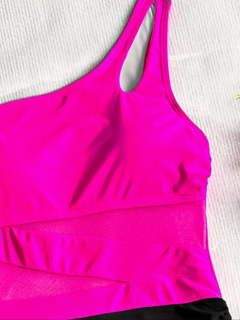 Women's Solid Color Mesh Insert One-piece Swimsuit, Casual Sleeveless Swimwear for Beach Holiday Vacation, Ladies Swimsuit for All Seasons, Mesh Swimsuits