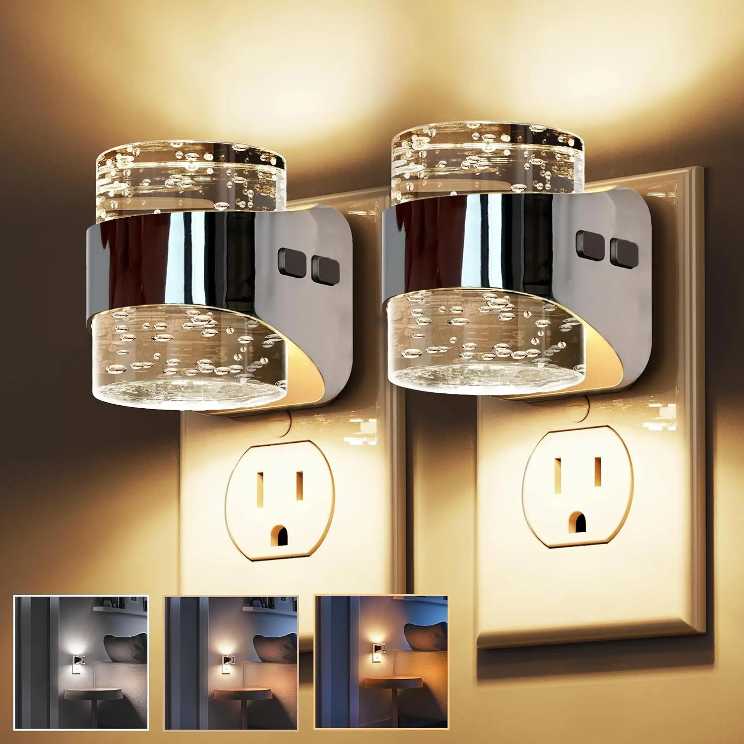 LED 2 Pack 3CCT Night Lights Plug into Wall, 3000K/4000k/5000K Adjustable Color Temperature Night Light,Bubble Nightlight with Dusk to Dawn Sensor for Rooms Bathroom Hallway, Led Lights Bedroom, Sleeping