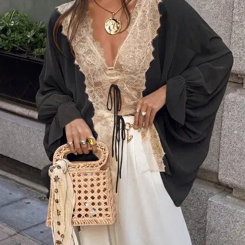 Women's Four-Season Lazy Vacation Style Fit Patchwork Lace Cardigan, Wavy Irregular Hem Breathable Thin Outerwear, Front Double Layer Tie, Daily Wear