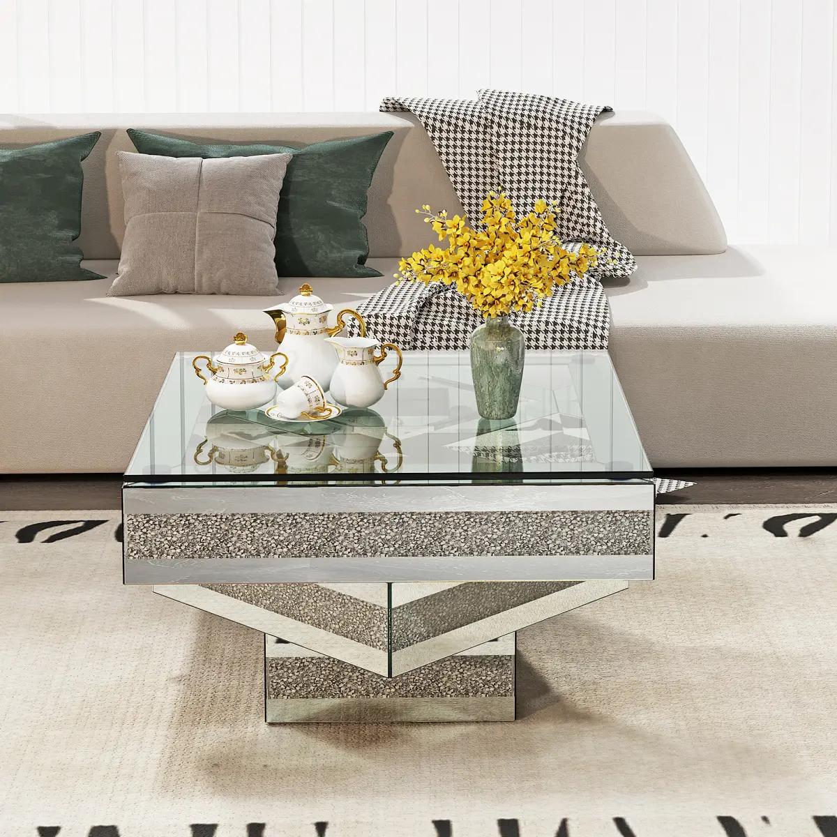 Modern Glam Miored Glass Coffee Table with Acrylic diamond Square Three-layer Centre Table Living room furniture